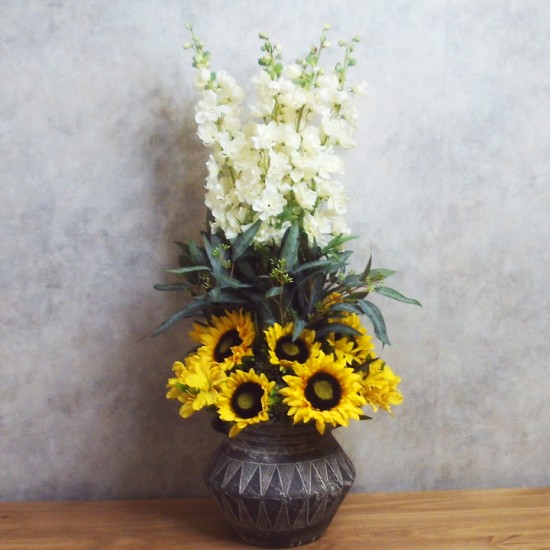 HERE COMES THE SUN | DELPHINIUM SUNFLOWER ALLIUM ARRANGEMENT | ARTIFICIAL FLOWER ARRANGEMENTS