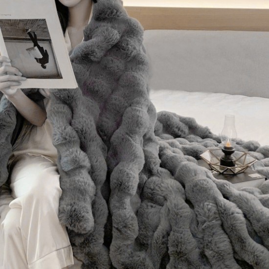 PLUSH FAUX FUR THROW BLANKETS GREY 180CM  | HOMEWARE