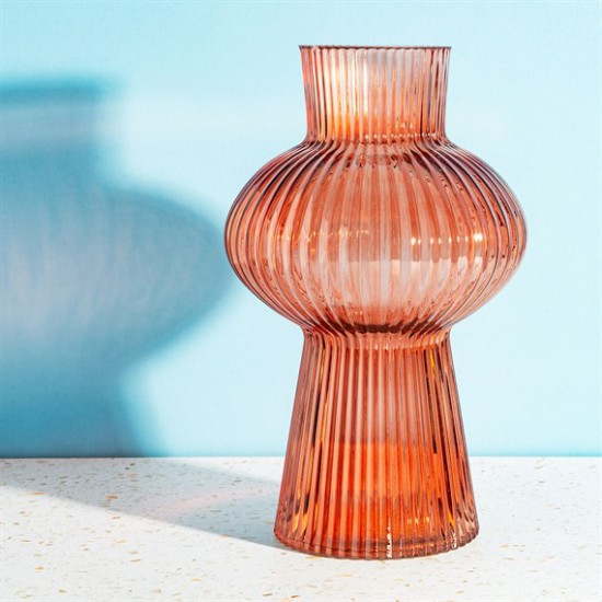 SHAPELY FLUTED GLASS AMBER VASE 35CM | FLOWER VASES 